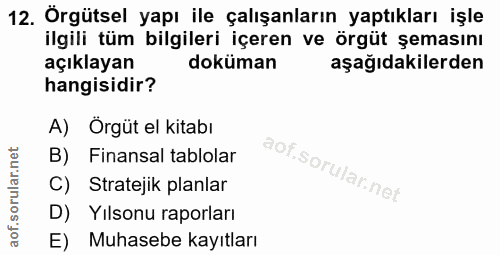 12. soru: Örgütsel yapı ile çalışanların yaptıkları işle ilgili tüm bilgileri içeren ve örgüt şemasını açıklayan doküman aşağıd…