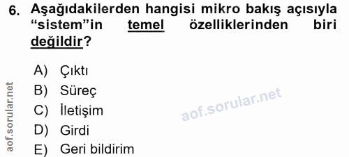 6. soru: Aşağıdakilerden hangisi mikro bakış açısıyla "sistem"in temel özelliklerinden değildir? A) Çıktı B) Süreç C) İletişim…