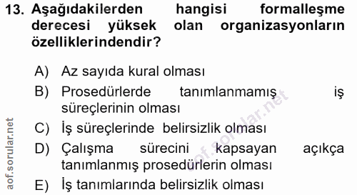 13. soru: Aşağıdakilerden hangisi formalleşme derecesi yüksek olan organizasyonların özelliklerindendir? A) Az sayıda kural olm…