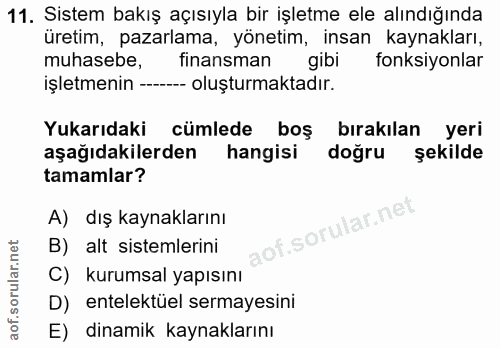 11. soru: Sistem bakış açısıyla bir işletme ele alındığında üretim, pazarlama, yönetim, insan kaynakları, muhasebe, finansman g…