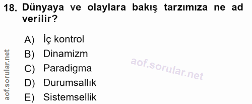 18. soru: Dünyaya ve olaylara bakış tarzımıza ne ad verilir? A) İç kontrol B) Dinamizm C) Paradigma D) Durumsallık E) Sistemsellik