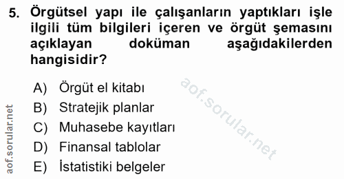 5. soru: Örgütsel yapı ile çalışanların yaptıkları işle ilgili tüm bilgileri içeren ve örgüt şemasını açıklayan doküman aşağıd…