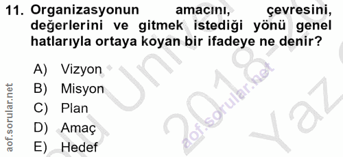 11. soru: Organizasyonun amacını, çevresini, değerlerini ve gitmek istediği yönü genel hatlarıyla ortaya koyan bir ifadeye ne d…