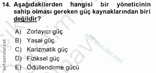 14. soru: Aşağıdakilerden hangisi bir yöneticinin sahip olması gereken güç kaynaklarından biri değildir? A) Zorlayıcı güç B) Ya…