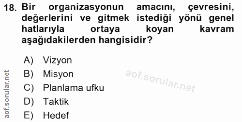 18. soru: Bir organizasyonun amacını, gevresini, değerlerini ve gitmek istediği yönü genel hatlarıyla ortaya koyan kavram aşağı…
