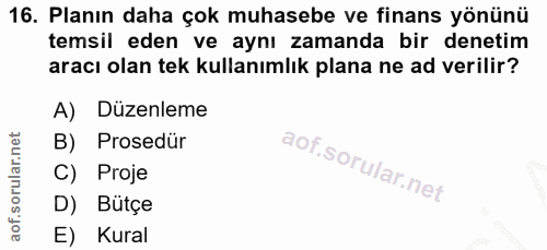 16. soru: Planın daha çok muhasebe ve finans yönünü temsil eden ve aynı zamanda bir denetim aracı olan tek kullanımlık plana ne…