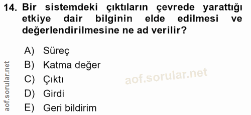 14. soru: Bir sistemdeki çıktıların çevrede yarattığı etkiye dair bilginin elde edilmesi ve değerlendirilmesine ne ad verilir?…