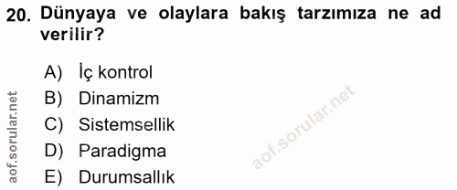 20. soru: Dünyaya ve olaylara bakış tarzımıza ne ad verilir? A) İç kontrol rular.net B) Dinamizm C) Sistemsellik SO D) Paradigm…