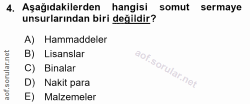 4. soru: Aşağıdakilerden hangisi somut sermaye unsurlarından biri değildir? A) Hammaddeler B) Lisanslar C) Binalar D) Nakit pa…