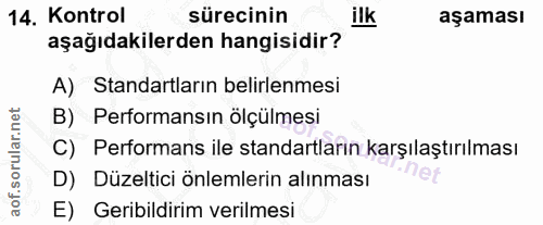 14. soru: Kontrol sürecinin ilk aşaması aşağıdakilerden hangisidir? A) Standartların belirlenmesi B) Performansın ölçülmesi C)…