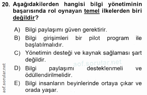 20. soru: Aşağıdakilerden hangisi bilgi yönetiminin başarısında rol oynayan temel ilkelerden biri değildir? A) Bilgi paylaşımı…