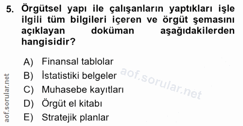 5. soru: Örgütsel yapı ile çalışanların yaptıkları işle ilgili tüm bilgileri içeren ve örgüt şemasını açıklayan doküman aşağıd…