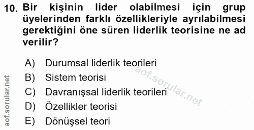 10. soru: Bir kişinin lider olabilmesi için grup üyelerinden farklı özellikleriyle ayrılabilmesi gerektiğini öne süren liderlik…