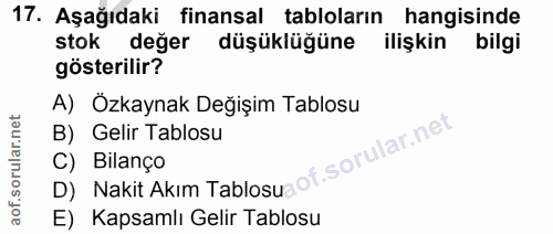 17. soru: Aşağıdaki finansal tabloların hangisinde stok değer düşüklüğüne ilişkin bilgi gösterilir? A) Özkaynak Değişim Tablosu…