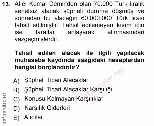 13. soru: Alıcı Kemal Demir'den olan 70.000 Türk liralık senetsiz alacak şüpheli duruma düşmüş ve sonradan bu alacağın 60.000.0…