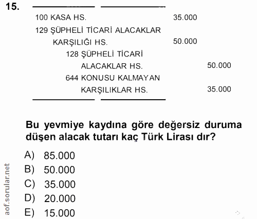 15. soru: 100 KASA HS. 35.000 129 ŞÜPHELİ TİCARİ ALACAKLAR KARŞILIĞI HS. 50.000 128 ŞÜPHELİ TİCARİ ALACAKLAR HS. 50.000 644 KON…
