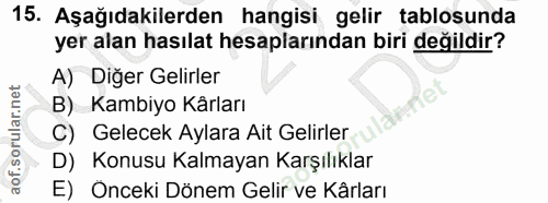 15. soru: Aşağıdakilerden hangisi gelir tablosunda yer alan hasılat hesaplarından biri değildir? A) Diğer Gelirler B) Kambiyo K…