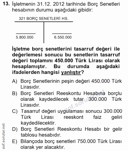 13. soru: İşletmenin 31.12. 2012 tarihinde Borç Senetleri hesabının durumu aşağıdaki gibidir: 321 BORÇ SENETLERI HS. 5.800.000…