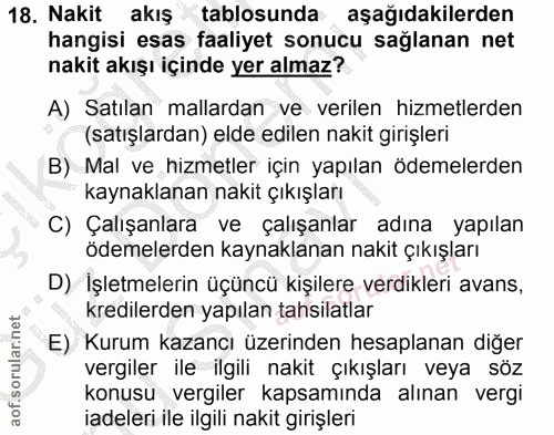 18. soru: Nakit akış tablosunda aşağıdakilerden hangisi esas faaliyet sonucu sağlanan net nakit akışı içinde yer almaz? A) Satı…