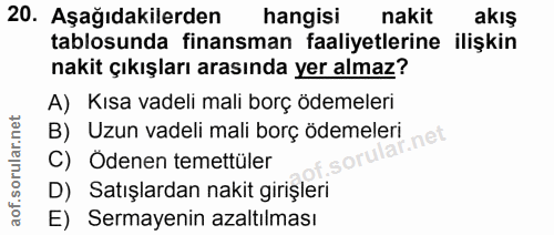 20. soru: Aşağıdakilerden hangisi nakit akış tablosunda finansman faaliyetlerine ilişkin nakit çıkışları arasında yer almaz? A)…