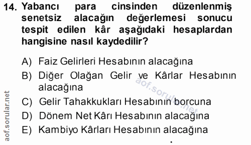 14. soru: Yabancı para cinsinden düzenlenmiş senetsiz alacağın değerlemesi sonucu tespit edilen kår aşağıdaki hesaplardan hangi…