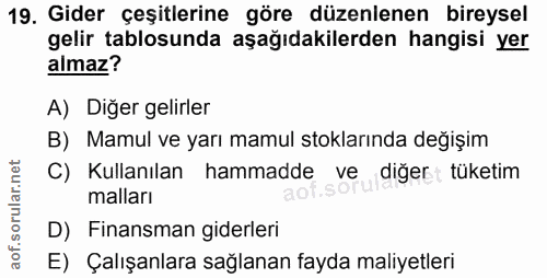 19. soru: Gider çeşitlerine göre düzenlenen bireysel gelir tablosunda aşağıdakilerden hangisi yer almaz? A) Diğer gelirler B) M…