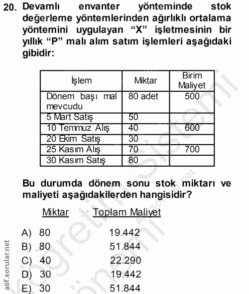 20. soru: Devamlı envanter yönteminde stok değerleme yöntemlerinden ağırlıklı ortalama yöntemini uygulayan "X" işletmesinin bir…
