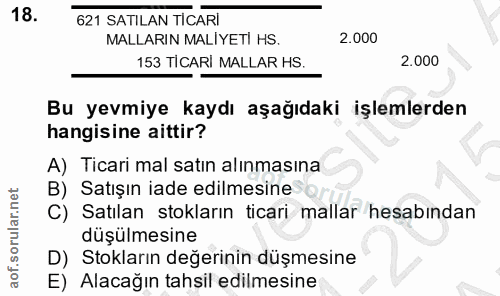 18. soru: 621 SATILAN TICARI MALLARIN MALİYETİ HS. 2.000 153 TICARİ MALLAR HS. 2.000 Bu yevmiye kaydı aşağıdaki işlemlerden han…