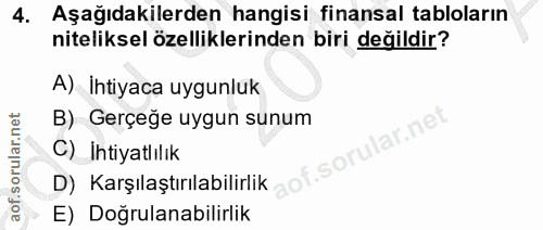 4. soru: Aşağıdakilerden hangisi finansal tabloların niteliksel özelliklerinden biri değildir? A) İhtiyaca uygunluk B) Gerçeğe…
