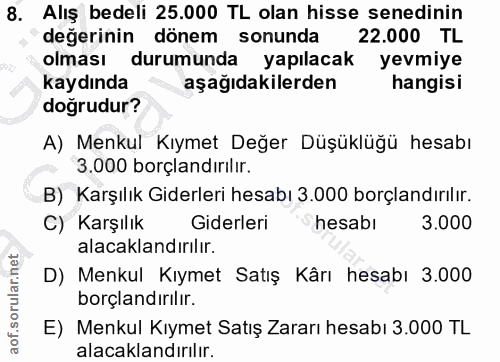 8. soru: Alış bedeli 25.000 TL olan hisse senedinin değerinin dönem sonunda 22.000 TL olması durumunda yapılacak yevmiye kaydı…