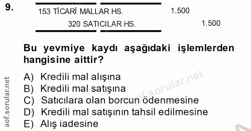 9. soru: 153 TICARİ MALLAR HS. 1.500 320 SATICILAR HS. 1.500 Bu yevmiye kaydı aşağıdaki işlemlerden hangisine aittir? A) Kredi…