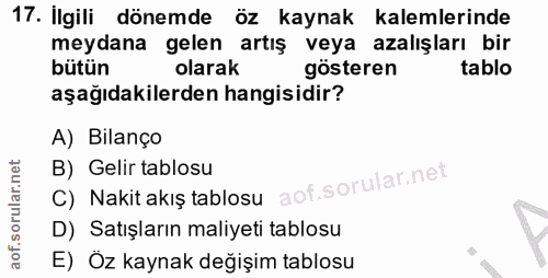 17. soru: Ilgili dönemde öz kaynak kalemlerinde meydana gelen artış veya azalışları bir bütün olarak gösteren tablo aşağıdakile…
