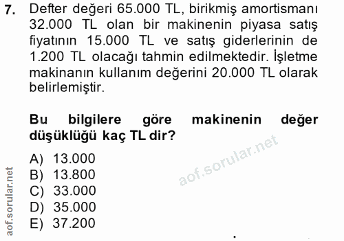 7. soru: Defter değeri 65.000 TL, birikmiş amortismanı 32.000 TL olan bir makinenin piyasa satış fiyatının 15.000 TL ve satış…