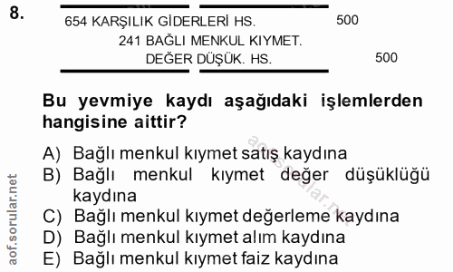 8. soru: 654 KARŞILIK GİDERLERİ HS 500 241 BAĞLI MENKUL KIYMET. DEĞER DÜŞÜK. HS. 500 Bu yevmiye kaydı aşağıdaki işlemlerden ha…