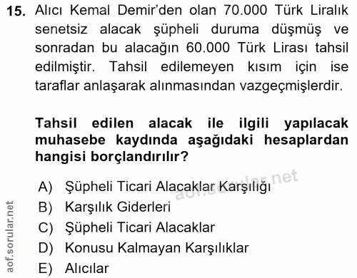 15. soru: Alıcı Kemal Demir'den olan 70.000 Türk Liralık senetsiz alacak şüpheli duruma düşmüş ve sonradan bu alacağın 60.000 T…