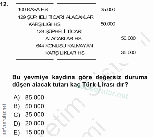 12. soru: 100 KASA HS 35.000 129 ŞUPHELİ TICARİ ALACAKLAR KARŞILIĞI HS. 50.000 128 ŞÜPHELİ TİCARİ ALACAKLAR HS. 50.000 644 KONU…