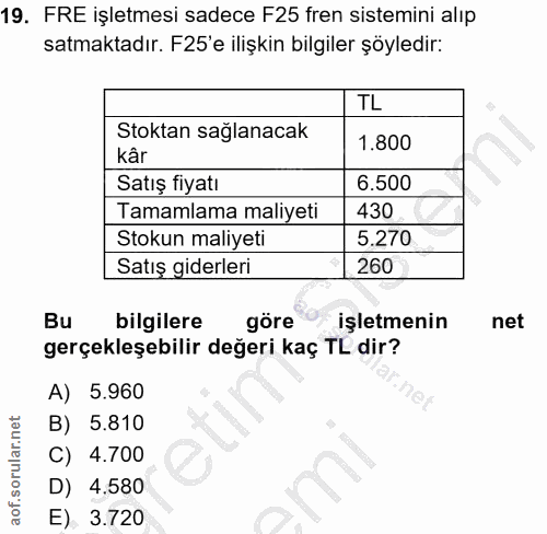 19. soru: FRE işletmesi sadece F25 fren sistemini alıp satmaktadır. F25'e ilişkin bilgiler şöyledir: TL Stoktan sağlanacak 1.80…