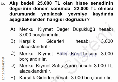 5. soru: Alış bedeli 25.000 TL olan hisse senedinin değerinin dönem sonunda 22.000 TL olması durumunda yapılacak yevmiye kaydı…