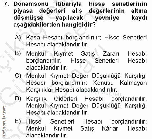 7. soru: Dönemsonu itibarıyla hisse senetlerinin piyasa değerleri alış değerlerinin altına düşmüşse yapılacak yevmiye kaydı aş…
