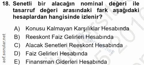 18. soru: Senetli bir alacağın nominal değeri ile tasarruf değeri arasındaki fark aşağıdaki hesaplardan hangisinde izlenir? A)…