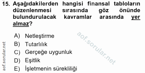 15. soru: Aşağıdakilerden hangisi finansal tabloların düzenlenmesi sırasında göz önünde bulundurulacak kavramlar arasında yer a…