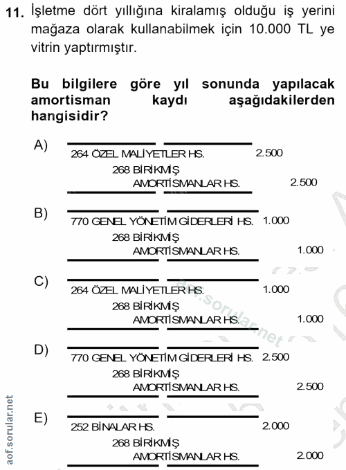 11. soru: İşletme dört yıllığına kiralamış olduğu iş yerini mağaza olarak kullanabilmek için 10.000 TL ye vitrin yaptırmıştır.…