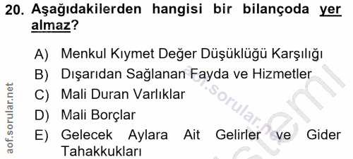 20. soru: Aşağıdakilerden hangisi bir bilançoda yer almaz? A) Menkul Kıymet Değer Düşüklüğü Karşılığı B) Dışarıdan Sağlanan Fay…