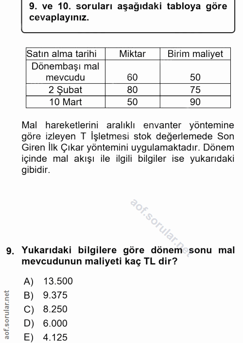 9. soru: ve 10. soruları aşağıdaki tabloya göre cevaplayınız. Satın alma tarihi Miktar Birim maliyet Dönemmaşı mal mevcudu 60…