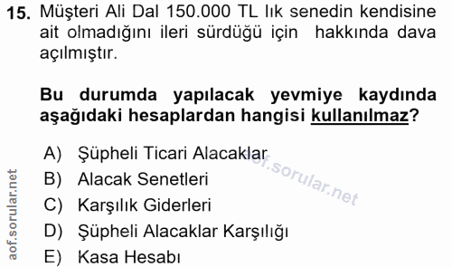 15. soru: Müşteri Ali Dal 150.000 TL lık senedin kendisine ait olmadığını ileri sürdüğü için hakkında dava açılmıştır. Bu durum…