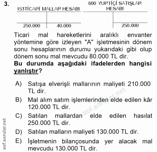 3. soru: 600 YURTIÇI SATIŞLAR 153TICARI MALLAR HESABI HESABI 250.000 40.000 250.000 Ticari mal hareketlerini aralıklı envanter…