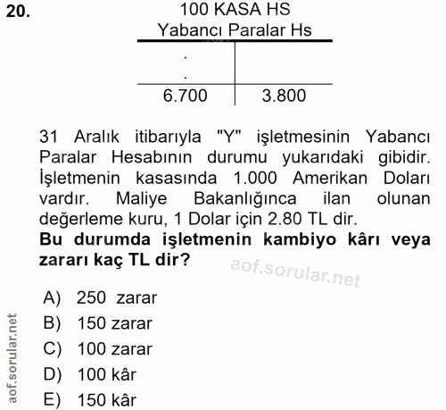 20. soru: 100 KASA HS Yabancı Paralar Hs 6.700 3.800 31 Aralık itibarıyla "y" işletmesinin Yabancı Paralar Hesabının durumu yuk…