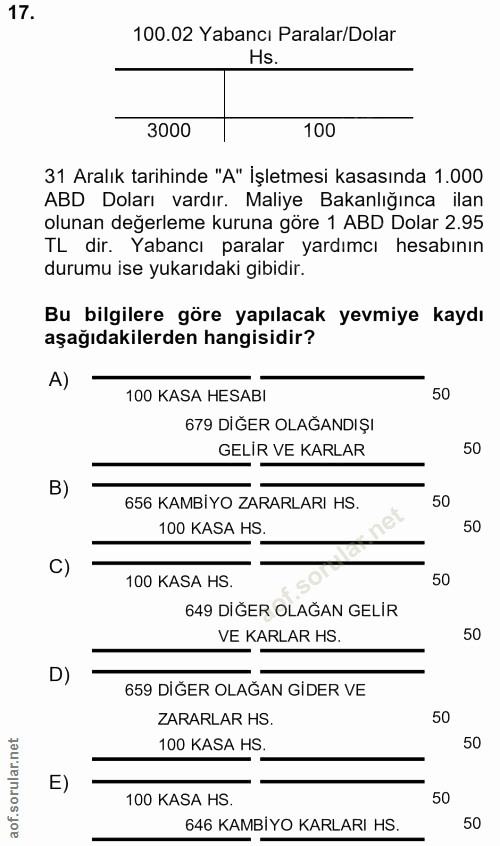 17. soru: 100.02 Yabancı Paralar/Dolar Hs. 3000 100 31 Aralık tarihinde "A" İşletmesi kasasında 1.000 ABD Doları vardır. Maliye…