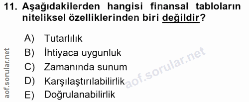 11. soru: Aşağıdakilerden hangisi finansal tabloların niteliksel özelliklerinden biri değildir? A) Tutarlılık B) Ihtiyaca uygun…