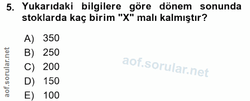 5. soru: Yukarıdaki bilgilere göre dönem sonunda stoklarda kaç birim "X" malı kalmıştır? A) 350 B) 250 C) 200 D) 150 E) 100